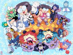 6+boys 6+girls ahoge animal_ears ape aqua_hair bald baseball_uniform bat_wings black_gloves black_hair black_nails black_track_suit blue_hair blue_skin bow breasts brown_gloves cat_ears character_request cleavage cleavage_cutout clothing_cutout colored_skin cone_horns coolfrog_(punch_punch_forever!) dark-skinned_female dark_skin dinosaur earrings eyecatch fingerless_gloves fisheye frog geiko_(punch_punch_forever!) glasses gloves hair_bow holding holding_knife horns imminent_stabbing jewelry knife mama_(punch_punch_forever!) matsumoto_gogo matsumoto_nono middle_finger multiple_boys multiple_girls necktie no_mouth official_art open_mouth papa_(punch_punch_forever!) pink_hair pink_wings pointy_ears pontoffel_nopockets punch_punch_forever! purple_lips purple_skin red_bow red_lips red_necktie red_skin ring round_eyewear sharp_teeth shoes signature smile spiked_bat sportswear star_(symbol) sunglasses teeth tongue tongue_out track_suit upside-down veins veiny_arms white_gloves white_hair white_shoes wings wolf yellow_skin