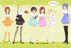 6+girls alternate_costume antenna_hair apron apron_lift aqua_(kingdom_hearts) bad_id bad_pixiv_id black_hair black_thighhighs blonde_hair blouse blue_eyes blue_hair blush brown_hair cake clothes_lift english_text food fruit full_body garter_straps green_eyes hair_between_eyes hair_slicked_back hand_on_own_hip high_heels highres kairi_(kingdom_hearts) kairi_(shery_rakuura) kingdom_hearts kingdom_hearts_358/2_days kingdom_hearts_birth_by_sleep kingdom_hearts_ii larxene legs_apart lifting_own_clothes multiple_girls namine okitsune_(okitsune-sama) olette one_eye_closed orange_socks saucer shirt shoes skirt skirt_tug smile sneakers socks speech_bubble standing strawberry thighhighs waitress white_legwear white_shirt wink xion_(kingdom_hearts) yellow_shoes zettai_ryouiki