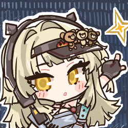 1girl black_gloves blush_stickers chibi chibi_only chinese_commentary cui_pi_zha_xia_qiu girls&#039;_frontline girls&#039;_frontline_neural_cloud gloves headset official_art pointing second-party_source shale_(neural_cloud) solo sparkle visor_cap yellow_eyes