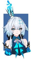Rule 34 | 1girl, baesong, bare shoulders, blue eyes, cerydra (honkai: star rail), crown, detached sleeves, hair intakes, highres, honkai: star rail, honkai (series), long hair, looking at viewer, mini crown, sleeveless, smile, solo, upper body, white background, white hair