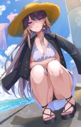 1girl absurdres black_jacket black_panties black_sandals blue_sky bow breasts brown_hair brown_hat closed_mouth cloud commentary_request day dress excella_(delltothu) hair_bow hat herta_(honkai:_star_rail) highres honkai:_star_rail honkai_(series) jacket jacket_on_shoulders knees_up long_hair nail_polish outdoors panties purple_bow purple_eyes purple_nails sandals sky small_breasts smile solo squatting straw_hat the_herta_(honkai:_star_rail) toenail_polish toenails underwear very_long_hair white_dress