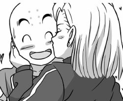 1boy 1girl android_18 bald bald_male blush couple dragon_ball dragon_ball_super happy heart husband_and_wife kiss kuririn nervous_sweating smile sweat white_background