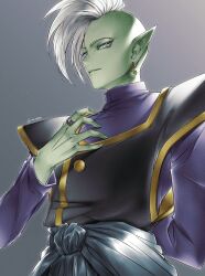 Rule 34 | 1boy, arm behind back, black vest, blue sash, bright pupils, colored skin, commentary, dragon ball, dragon ball super, earrings, film grain, from below, gem, gold trim, green gemstone, green skin, grey background, grey eyes, hand on own chest, highres, jewelry, kaioushin, looking at viewer, looking down, looking to the side, male focus, mohawk, owo8090, parted lips, pointy ears, potara earrings, purple shirt, sash, shirt, silver ring, solo, upper body, vest, white pupils, zamasu