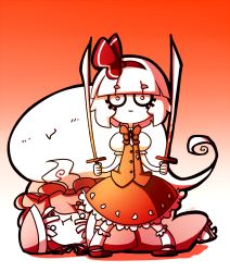 2girls bob_cut covering_own_eyes daigada dual_wielding geta gradient_background hairband hiding holding konpaku_youmu konpaku_youmu_(ghost) looking_at_viewer lying multiple_girls o_o on_stomach orange_background peeking peeking_through_fingers puffy_sleeves saigyouji_yuyuko sepia short_hair short_sleeves socks solid standing sword toshimichi_yukari touhou vest weapon white_hair