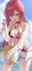 1girl absurdres ball bare_shoulders beachball bikini black_bikini black_choker breasts cat_ear_bikini choker cleavage highres jacket jewelry long_hair looking_at_viewer medium_breasts multicolored_bikini multicolored_hair necklace nekota_tsuna off_shoulder open_mouth orange_eyes red_hair ronununn see-through_clothes see-through_jacket short_shorts shorts smile solo streaked_hair string_bikini swimsuit two-tone_bikini virtual_youtuber vspo! white_shorts