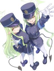 2girls absurdres armband blue_archive breasts commentary demon_tail gloves green_hair halo hat highres hikari_(blue_archive) long_hair long_sleeves looking_at_viewer marulire multiple_girls nozomi_(blue_archive) open_mouth pantyhose peaked_cap pointy_ears siblings sidelocks sisters small_breasts smile tail twins twintails white_pantyhose yellow_eyes