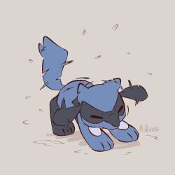 advos artist_name black_fur blue_fur closed_eyes gen_4_pokemon grey_background nintendo pokemon pokemon_(creature) riolu simple_background solo tail two-tone_fur