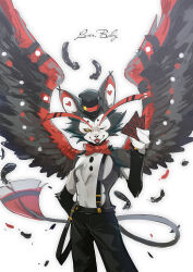 1boy absurdres ao_gravity arm_behind_back black_pants black_sclera card colored_sclera commentary english_text feathered_wings feathers furry furry_male hazbin_hotel highres holding holding_card husk_(hazbin_hotel) male_focus one_eye_closed open_mouth pants suspenders symbol-only_commentary tail whiskers white_background wings yellow_eyes