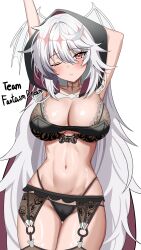 1girl absurdres armpits arms_behind_head arms_up black_bra black_hood black_panties bra breasts cameltoe cleavage closed_mouth clothing_cutout commentary_request commission cowboy_shot garter_belt head_wings highleg highleg_panties highres korean_commentary large_breasts long_hair looking_at_viewer navel one_eye_closed original panties red_eyes second-party_source solo standing stomach string_panties suisen_(suisenhwa) tearing_up underboob_cutout underwear very_long_hair white_hair wings