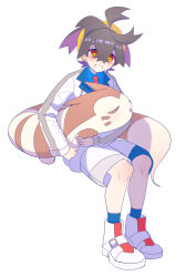 1boy absurdres blue_shirt blue_socks blush collared_shirt commentary_request furret gen_2_pokemon grin hair_between_eyes happy highres holding holding_pokemon invisible_chair jacket kieran_(pokemon) knees long_sleeves looking_down male_focus necktie nintendo pokemon pokemon_(creature) pokemon_sv red_necktie shirt shocho_(shaojiujiu) shoes shorts simple_background sitting smile socks teeth white_background white_jacket white_shoes white_shorts