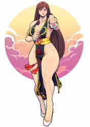 1girl artist_name black_dress black_nails bracelet braided_sidelocks breasts brown_eyes brown_hair butter_sugoi cleavage commentary curvy dress full_body highres jewelry large_breasts long_hair pelvic_curtain sideboob signature solo spiked_bracelet spikes street_fighter street_fighter_v thick_thighs thighs toned toned_female very_long_hair