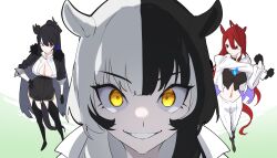 3girls absurdres alternate_costume animal_ears black_cape black_gloves black_hair black_horns black_shirt black_skirt black_thighhighs blue_fire blue_hair breasts cape cleavage close-up colored_inner_hair commentary crop_top cross-body_stretch daaku_(koizumi_arata) dress_shirt elizabeth_rose_bloodflame english_commentary fire fire_on_chest fur-trimmed_cape fur_trim gloves grey_hair grin hand_on_own_hip highres hololive hololive_english horns horse_ears horse_girl horse_tail jacket large_breasts long_hair looking_at_viewer mole mole_on_thigh multicolored_hair multiple_girls navel nerissa_ravencroft pants red_eyes red_hair shiori_novella shirt skirt smile split-color_hair tail teeth thighhighs two-tone_hair umamusume virtual_youtuber white_jacket white_pants white_shirt yellow_eyes