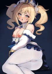 1girl ass barbara_(genshin_impact) blonde_hair blue_eyes blush breasts breasts_out cameltoe detached_collar dress genshin_impact hat highres looking_at_viewer medium_breasts nipples open_mouth panties panties_under_pantyhose pantyhose pantyshot shinatsukou simple_background small_sweatdrop solo twintails underwear upskirt white_dress white_panties white_pantyhose