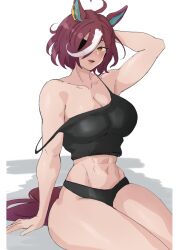 1girl abs ahoge animal_ears arm_up black_panties black_tank_top blush breasts brown_eyes brown_hair commentary_request ear_ornament eyepatch hair_between_eyes highres horse_ears horse_girl horse_tail large_breasts looking_at_viewer messy_hair miya_nns35 multicolored_hair muscular muscular_female navel open_mouth panties shadow short_hair simple_background sitting smile solo stomach strap_slip streaked_hair tail tanino_gimlet_(umamusume) tank_top umamusume underwear white_background white_hair
