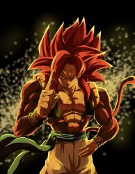 1boy black_vest blue_eyes blue_sash body_fur brown_fur brown_tail cropped_vest dragon_ball dragon_ball_gt gogeta highres long_hair male_focus metamoran_vest monkey_tail muscular muscular_male no_shirt open_clothes open_vest pants red_hair sash solo spiked_hair super_saiyan super_saiyan_4 tail urotakanata02 vest white_pants