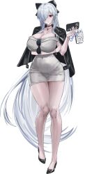 1girl absurdres arm_under_breasts black_bow black_bra black_choker black_jacket black_panties bow bra bra_visible_through_clothes breasts choker cinderella_(beautiful_me)_(nikke) cinderella_(nikke) cleavage closed_mouth collar collarbone covered_navel disgustingtokki dongtan_dress dress eyewear_hang full_body goddess_of_victory:_nikke grey_dress hair_over_one_eye heart_collar highres holding holding_phone huge_breasts jacket jacket_on_shoulders long_hair meme_attire official_alternate_costume pale_skin panties panties_visible_through_clothes phone red_eyes simple_background skin_tight solo sunglasses thick_thighs thighs tight_clothes tight_dress underwear unworn_eyewear very_long_hair white_background white_hair