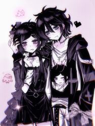 Rule 34 | 1boy, 1girl, :3, aegyo sal, ahoge, alternate costume, alternate eye color, andrew graves, anmo418, arm warmers, ashley graves, barbed wire, belt, black belt, black bow, black choker, black coat, black dress, black hair, blue eyes, blush, bow, brother and sister, character print, cheek piercing, choker, chromatic aberration, closed mouth, coat, collarbone, colored skin, cowboy shot, cross, cross print, cross tattoo, dress, empty eyes, face piercing, fang, film grain, fingerless gloves, fingernails, gloves, hair bow, hair tie, hand in pocket, hand on another&#039;s head, hand tattoo, hand up, hashtag-only commentary, heart, highres, hood, hood down, hooded coat, index finger raised, jacket, jewelry, long sleeves, looking at viewer, low side ponytail, medium hair, necklace, open clothes, open jacket, pants, piercing, pink eyes, pixel art inset, ringed eyes, shirt, short hair, siblings, side ponytail, single arm warmer, standing, tattoo, the coffin of andy and leyley, tongue, tongue out, venus symbol, white arm warmers, white pants, white shirt, white skin