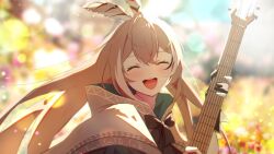 Rule 34 | 1girl, :d, backlighting, blurry, blurry background, bokeh, brown capelet, brown cloak, brown hair, capelet, cloak, closed eyes, depth of field, facing viewer, feather hair ornament, feathers, field, fingernails, gloves, guitar, hair ornament, hairclip, hieroglyphics, highres, holding, holding guitar, holding instrument, hololive, hololive english, instrument, light particles, long hair, nanashi mumei, nanashi mumei (1st costume), open mouth, partially fingerless gloves, ribbon, s mizuki666, smile, teeth, upper teeth only, very long hair, virtual youtuber