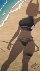 1girl arm_behind_head beach bikini black_bikini demon_horns demon_tail dressed_shadow_(meme) highres horns indie_virtual_youtuber meme ocean signature sinvyte solo sports_bikini swimsuit tail thigh_strap virtual_youtuber
