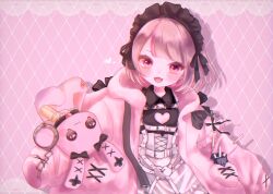 1girl cigarette cigarette_pack clothing_cutout coat eyelashes fang heart_cutout highres maid_headdress makaino_ririmu mi_oxo_9m nijisanji open_mouth pink_coat pink_eyes pink_hair pink_theme skin_fang solo stuffed_animal stuffed_rabbit stuffed_toy virtual_youtuber