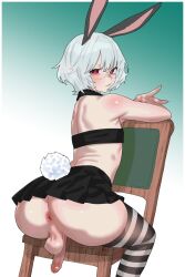 1boy absurdres animal_ears anus ass back black_thighhighs closed_mouth commentary commission english_commentary gradient_background green_background heart heart-shaped_pupils highres kanoji_(ni_kanojo) looking_at_viewer on_chair original penis pleated_skirt rabbit_boy rabbit_ears rabbit_tail red_eyes round_eyewear short_hair simple_background sitting skirt solo striped_clothes striped_thighhighs symbol-shaped_pupils tail thighhighs trap two-tone_background two-tone_thighhighs white_background white_hair white_thighhighs