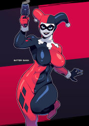 1girl artist_name batman_(series) black_bodysuit black_lips blue_eyes bodysuit breasts butter_sugoi commentary dc_comics domino_mask flare_gun gun harlequin harley_quinn harley_quinn_(classic) hat highres holding holding_gun holding_weapon impossible_bodysuit impossible_clothes jester jester_cap jester_costume large_breasts mask open_mouth red_bodysuit round_teeth smile solo standing standing_on_one_leg teeth two-tone_bodysuit two-tone_hat weapon white_facepaint