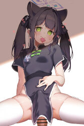 1boy 1girl animal_ears bar_censor black_dress black_hair blue_archive blue_halo blush breasts bulge censored china_dress chinese_clothes commentary_request condom condom_in_mouth condom_wrapper dress erection erection_under_clothes extra_ears green_eyes groin halo heart hetero highres koishi_(kiwi0314) loli long_hair looking_at_viewer mouth_hold no_panties pelvic_curtain penis short_sleeves shun_(blue_archive) shun_(small)_(blue_archive) sitting skindentation small_breasts smile spread_legs sweat thighhighs thighs tiger_ears tiger_girl twintails veins veiny_penis white_thighhighs