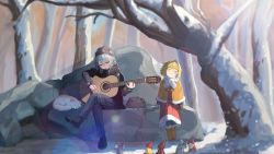 absurdres animal aqua_gloves bare_tree beanie beard black_footwear blonde_hair blurry blurry_background blush boots brown_headwear brown_scarf capelet closed_eyes closed_mouth creature dog dress facial_hair film_grain flower fur-trimmed_capelet fur-trimmed_dress fur_trim gem gloves gnome green_gemstone guardian_tales guitar hair_between_eyes hair_flower hair_ornament hat hat_flower highres holding holding_instrument instrument light_particles light_rays little_princess_(guardian_tales) long_sleeves lower_teeth_only mini_wings mouse_(animal) multicolored_gloves music mustache open_mouth orange_boots orange_capelet orange_gloves outdoors plant playing_instrument plectrum red_dress rock scarf shoes sitting sleeping sleeves_past_wrists smile sneakers snow teeth tree vines white_flower white_scarf wings ziki_(gkdlfnzo1245)
