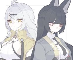 2girls absurdres animal_ear_fluff animal_ears aqua_jacket black_necktie blunt_bangs breasts collared_shirt fox_ears fox_girl hair_ornament highres hoshimi_miyabi jacket large_breasts long_hair multiple_girls necktie red_eyes shirt single_hair_intake upper_body white_hair white_shirt yellow_eyes yin_yang_pin yixuan_(zenless_zone_zero) zenless_zone_zero zzzii0