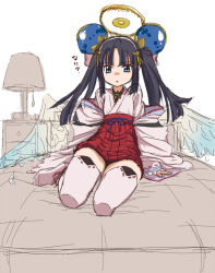 1girl angel angel_wings bed black_hair blue_eyes emil_chronicle_online frustrated hair_ornament hakama halo japanese_clothes long_hair mitama_ruri monono_hazumi on_bed original sitting skirt solo thighhighs twintails white_thighhighs white_wings wings
