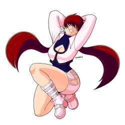 Rule 34 | 1girl, boots, breasts, cleavage, cleavage cutout, clothing cutout, curvy, dress, earrings, emmakaiyo, emmarush k, female focus, fishnets, heel up, jacket, jewelry, large breasts, leg up, long hair, pale skin, ponytail, red hair, shermie (kof), shiny skin, skirt, smile, smiley face, the king of fighters, thick thighs, thighs, twintails, wide hips
