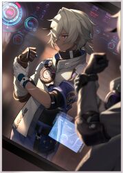 1boy arlan_(honkai:_star_rail) blue_pants closed_mouth cowboy_shot dark_skin dutch_angle game_cg highres holding_own_arm holographic_interface honkai:_star_rail honkai_(series) mirror non-web_source official_art pants pink_eyes ponytail scar short_hair short_ponytail solo turtleneck white_hair
