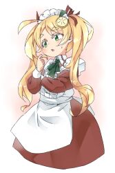 1girl ahoge apron blonde_hair collared_dress contrast_collar croixsan dress food-themed_hair_ornament futaba_channel green_eyes hair_ornament hair_ribbon highres lemon_hair_ornament lemon_tea_(nijiura_maids) long_hair long_sleeves maid maid_apron maid_headdress nijiura_maids open_mouth red_dress red_ribbon ribbon solo thick_eyebrows twintails twirling_hair white_apron
