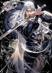 1boy absurdres alternate_costume aqua_eyes artist_name belt black_pants black_shirt black_sleeves chokutou clock cowboy_shot curtained_hair eyes_visible_through_hair final_fantasy final_fantasy_vii final_fantasy_vii_remake floating_hair flower green_eyes grey_hair hair_over_one_eye hands_up highres holding holding_sword holding_weapon long_hair long_sleeves looking_at_viewer male_focus masamune_(ff7) moyna pants parted_bangs puffy_long_sleeves puffy_sleeves roman_numeral rose sephiroth shirt smile solo spotlight straight_hair sword twitter_username very_long_hair watermark weapon white_flower white_rose