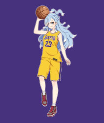 1girl ball basketball_(object) basketball_jersey basketball_uniform blue_eyes blue_hair braid breasts commentary crown_braid english_commentary full_body grey_socks highres holding holding_ball hololive hololive_indonesia kobo_kanaeru lebron_james los_angeles_lakers medium_breasts multicolored_hair red_shoes shoes shorts smile sneakers snkagawa socks solo sportswear streaked_hair tongue tongue_out two-tone_hair virtual_youtuber white_hair yellow_shorts