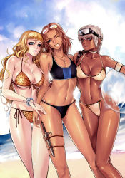 Rule 34 | 3girls, ball, beach, beachball, bikini, blonde hair, blue eyes, breast press, breasts, brown hair, dark-skinned female, dark skin, day, earrings, fighter (granado espada), flat chest, granado espada, grey eyes, grin, jewelry, knife, large breasts, long hair, medium breasts, multiple girls, necklace, one eye closed, outdoors, scout (granado espada), shiyue tiangong, short hair, smile, swimsuit, warlock (granado espada), white hair