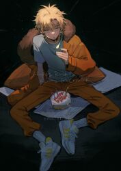 Rule 34 | 1boy, animification, baggy pants, birthday cake, black background, blonde hair, blue eyes, cake, candle, character name, dated, down jacket, english text, fingernails, food, fur-trimmed hood, fur trim, hair between eyes, hand up, happy birthday, highres, holding matchstick, hood, hooded jacket, jacket, kenny mccormick, lapels, long sleeves, looking at object, looking down, male focus, matches, newspaper, open clothes, open jacket, orange jacket, orange pants, pants, shirt, shoes, short hair, short sleeves, simple background, sitting, smoking, sneakers, socks, solo, south park, sp toyoill, t-shirt, white shirt, white sneakers, white socks