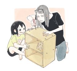 Rule 34 | 2girls, asakusa midori, asymmetrical bangs, barefoot, black hair, commentary, eizouken ni wa te wo dasu na!, eyewear on head, freckles, kanamori sayaka, kiguchiko, long hair, multiple girls, screwdriver, shelf, short sleeves, stuffed animal, stuffed rabbit, stuffed toy