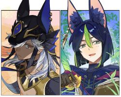 2boys :d absurdres ancient_egyptian animal_ear_fluff animal_ears animal_hat black_choker black_gloves black_hair black_hat black_ribbon black_shirt blunt_ends bob_cut book border branch bright_pupils brown_eyes choker closed_mouth commentary_request crop_top cyno_(genshin_impact) dark-skinned_male dark_skin drawstring earrings fake_animal_ears flower fox_ears genshin_impact gloves gold_earrings green_eyes hair_over_one_eye hand_up hat hat_ribbon highres holding holding_book holding_quill hood hood_down hoodie jackal_ears jewelry long_hair looking_at_viewer male_focus multicolored_eyes multicolored_hair multicolored_hoodie multiple_boys one_eye_covered open_book open_mouth outside_border parted_bangs quill red_eyes ribbon serious shirt short_hair single_earring sky_yoichi smile streaked_hair swept_bangs tighnari_(genshin_impact) turtleneck upper_body usekh_collar watermark white_border white_hair white_pupils yellow_flower