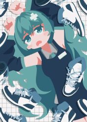 1girl aqua_eyes aqua_hair black_shirt crossed_bandaids from_above fyrvwyhrdgjlfka grey_shirt grid_background hatsune_miku highres looking_at_viewer lying on_back open_mouth shirt shoes sneakers solo unworn_shoes vocaloid