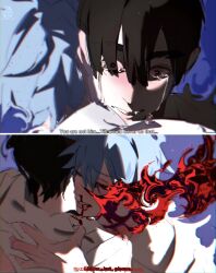 2boys alien_stage black_eyes black_hair blood closed_eyes commentary crying crying_with_eyes_open english_commentary english_text grey_hair highres hikaru_ga_shinda_natsu hug ivan_(alien_stage) male_focus multiple_boys nosebleed red_pupils shirt subtitled tears till_(alien_stage) uchiha_i_arts white_shirt