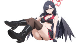 1girl ass be9459 black_boots black_choker black_gloves black_hair black_panties black_skirt black_wings blue_archive boots breasts brown_thighhighs choker commentary_request commission full_body gloves grey_eyes grin halo highres ichika_(blue_archive) looking_at_viewer low_wings medium_breasts miniskirt panties pantyshot red_halo simple_background sitting skeb_commission skirt smile solo thighhighs thighs underwear white_background wings