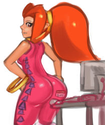 1girl argyle ass bangle bare_shoulders big_hair bodysuit bracelet cable computer computer_keyboard computer_mouse cowboy_shot dark-skinned_female dark_skin desk din drawfag english_text female_focus from_side grin hands_on_own_hips high_ponytail jewelry long_hair looking_at_viewer looking_back lowres matching_hair/eyes monitor name_tag neck_ring nintendo orange_eyes orange_hair pointy_ears ponytail profile simple_background sketch skin_tight smile solo the_legend_of_zelda the_legend_of_zelda:_oracle_of_ages the_legend_of_zelda:_oracle_of_seasons unitard white_background