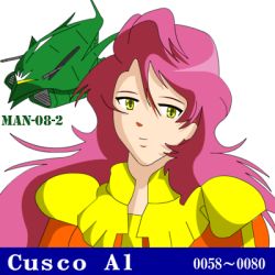 1girl al_cuzco elmeth female_focus gundam long_hair lowres mecha mobile_suit_gundam pilot_suit pink_hair robot solo