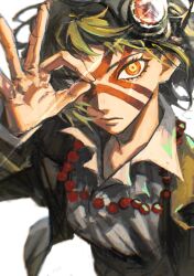 1girl arm_up bead_necklace beads blazer donut_hole_(vocaloid) dress_shirt facepaint goggles green_hair gumi highres jacket jewelry looking_at_viewer mihiro_00122 necklace ok_sign open_clothes open_jacket orange_eyes red_facepaint shirt short_hair simple_background solo upper_body white_background