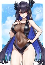 1girl alternate_costume artist_name asymmetrical_horns black_flower black_hair black_horns black_one-piece_swimsuit blue_hair blue_sky blush border breasts closed_mouth cloud colored_inner_hair commentary commission corrupted_twitter_file cowboy_shot demon_horns english_commentary flower hair_ornament hand_on_own_chest hand_on_own_hip highleg highleg_one-piece_swimsuit highres hololive hololive_english horn_flower horns large_breasts long_hair looking_at_viewer mole mole_on_thigh mole_under_eye multicolored_hair navel nerissa_ravencroft one-piece_swimsuit outside_border red_eyes rotomdocs see-through_clothes see-through_one-piece_swimsuit sky smile solo standing swimsuit tassel tassel_hair_ornament two-tone_hair uneven_horns very_long_hair virtual_youtuber white_border