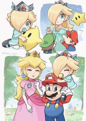 Rule 34 | 2girls, 3boys, baby luigi, baby mario, baby rosalina, blonde hair, blue dress, blue eyes, blue overalls, blush stickers, brooch, brown hair, carrying, closed eyes, closed mouth, crown, dress, earrings, elbow gloves, eyelashes, facial hair, gloves, green hat, green shirt, hair over one eye, hat, highres, jewelry, long hair, long sleeves, luigi, luma (mario), mario, mario (series), multiple boys, multiple girls, mustache, nintendo, overalls, pacifier, pink dress, princess peach, purple nails, red hat, rosalina, sasaki sakiko, shirt, short hair, shoulder carry, smile, star (symbol), star brooch, star earrings, sweatdrop, twitter username, white gloves