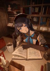 1girl absurdres beret black_gloves black_hat black_jacket blue_eyes blue_neckerchief book bookshelf bust_(sculpture) candle candlestand commentary_request cup glasses globe gloves hat hat_tassel head_tilt highres holding holding_removed_eyewear honkai:_star_rail honkai_(series) iinagi_(kashiwa_keira) indoors inkwell jacket long_hair looking_at_viewer multicolored_jacket neckerchief open_book parted_lips pela_(honkai:_star_rail) purple_hair round_eyewear semi-rimless_eyewear solo table turning_page two-tone_jacket under-rim_eyewear unworn_eyewear white_jacket yellow_neckerchief