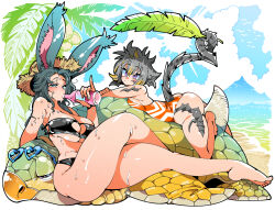 2girls animal_ears ass bare_legs barefoot beach bikini black_bikini blue_eyes blue_sky bottle breasts cleavage cleavage_cutout clothing_cutout cloud colored_tips crossed_legs day drinking grey_hair half-closed_eyes hat kafun leotard long_hair looking_at_viewer multicolored_hair multiple_girls ocean one-piece_swimsuit orange_one-piece_swimsuit original palm_leaf pinky_out purple_eyes rabbit_ears sea_turtle short_hair sky straw_hat sun sweat swimsuit thighs turtle twintails