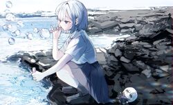 1girl alternate_costume black_shoes black_skirt black_socks blowing_bubbles blue_eyes dow_suitable highres kaga_sumire loafers lupinus_virtual_games necktie outdoors pleated_skirt profile purple_necktie shirt shoes short_sleeves skirt soap_bubbles socks solo squatting virtual_youtuber vspo! white_hair white_shirt